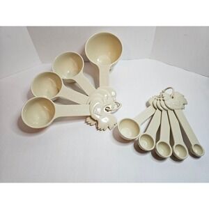 Vintage Paula Deen Cream Color Rooster Measuring Cups & Spoons Set 9pc  Plastic